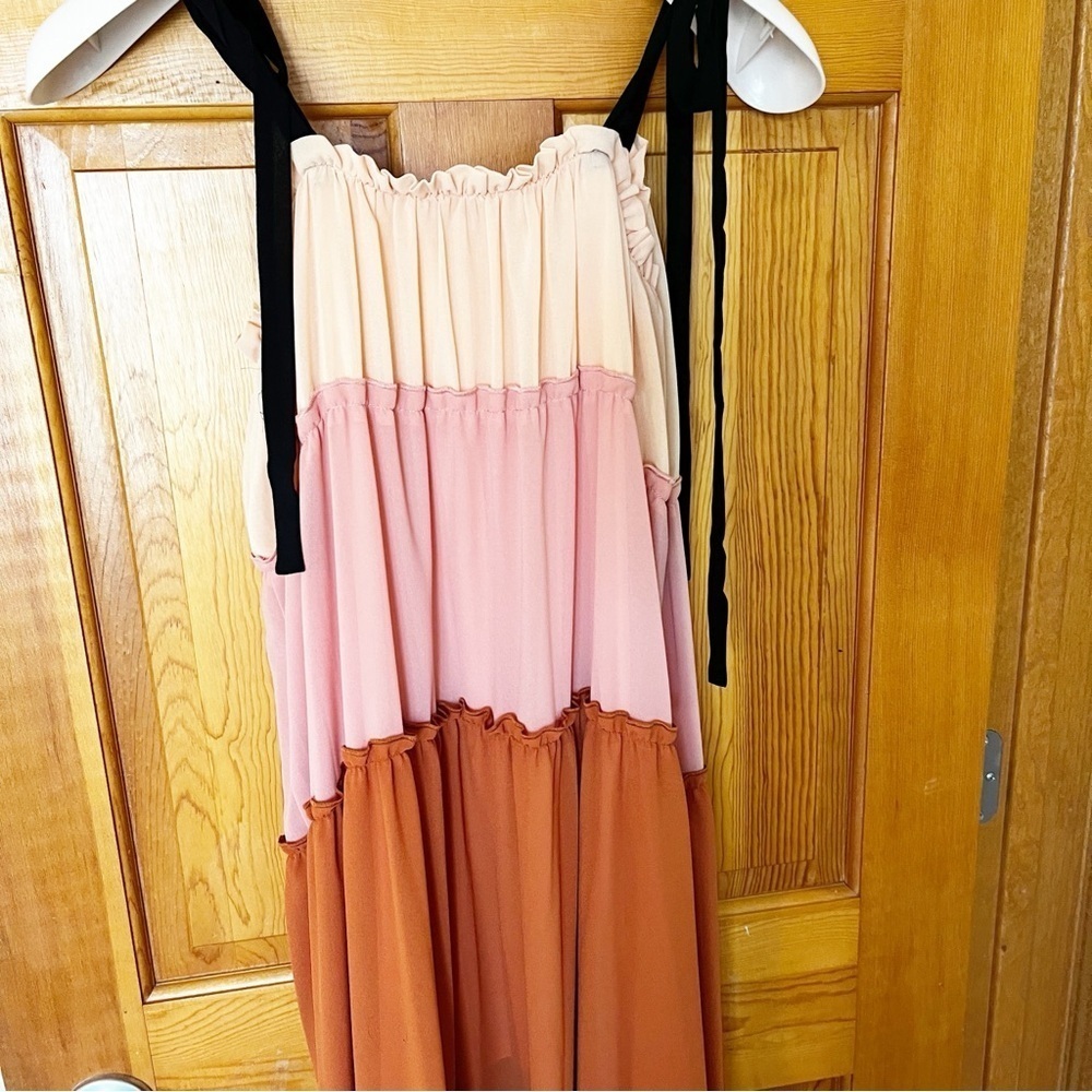 Color Block Maxi Dress Sz M Peach Black Brown Beach Boho Festival Hippie Ruffle - Picture 7 of 9